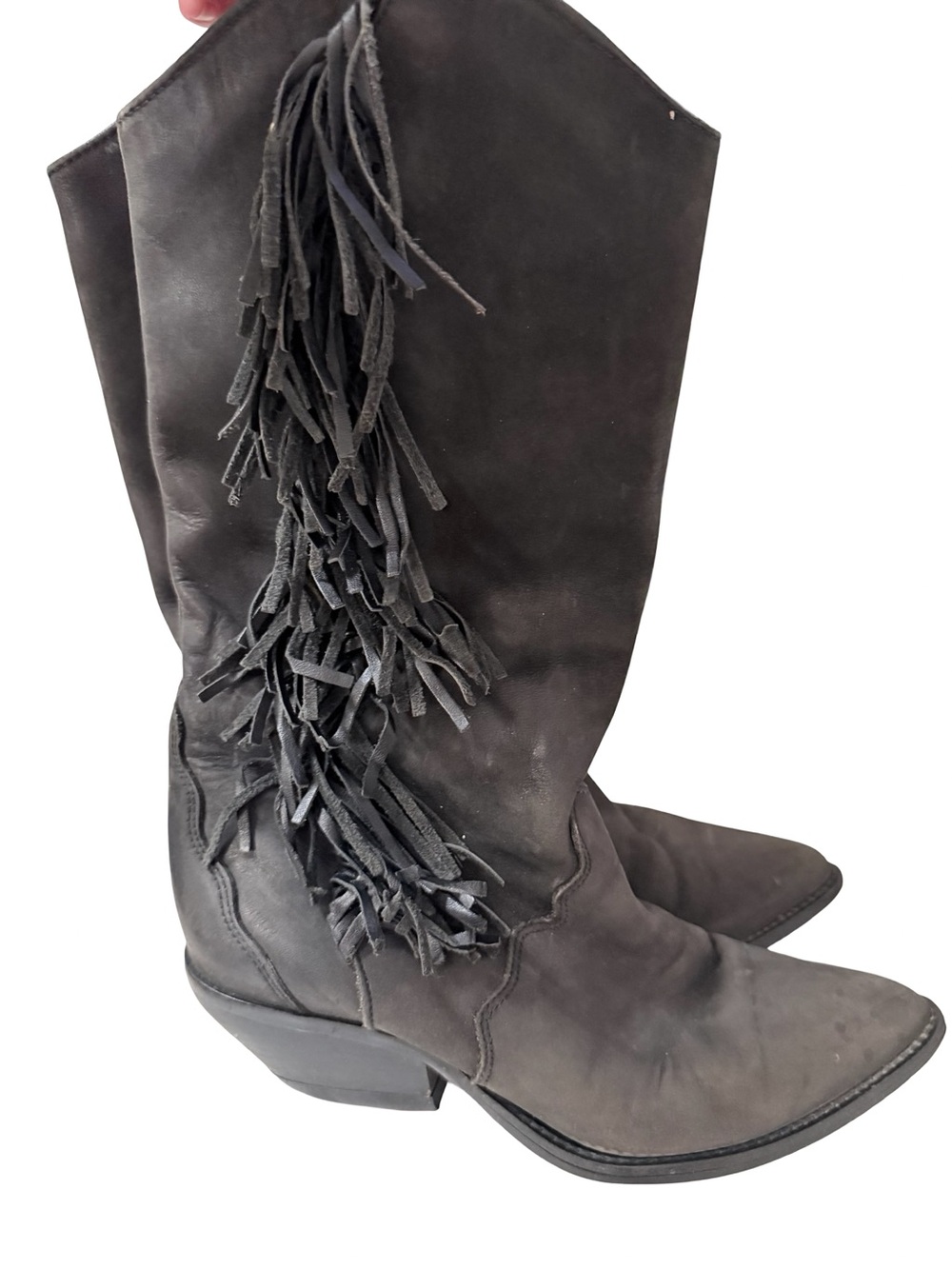 Vintage 80s-90s Women's Dark Grey Fringe Leather Cowboy Boots